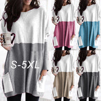 Thumbnail for Round Neck Long Sleeve Stitching Casual Pocket T-shirt