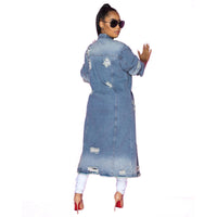 Thumbnail for Lapel Style Women's Washed Loose Hole Top Denim Jacket