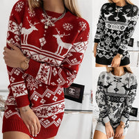 Thumbnail for Elk Snowflake Christmas Jacquard Knitted Dress Long Knitted Sweaters