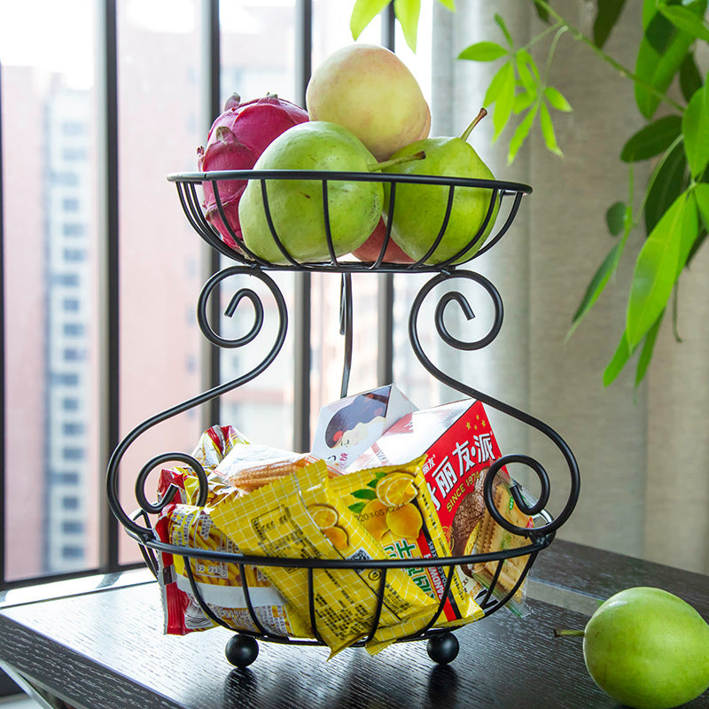 Household Iron 2 Tier Fruit Basket Vintage Style Storage Basket Living Room Fruit Basket Creative Iron Snack Container Black