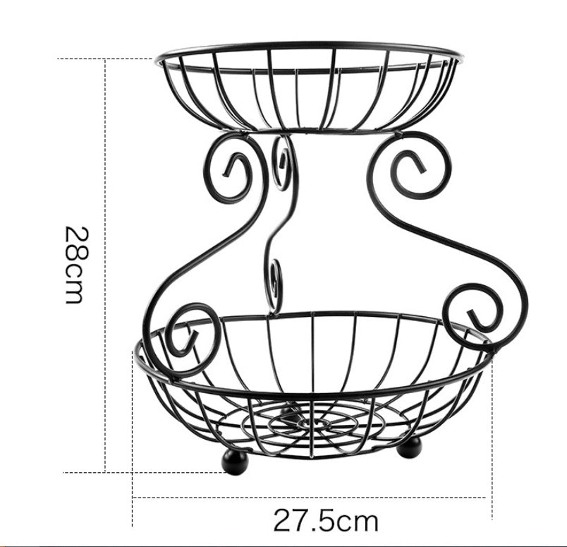 Household Iron 2 Tier Fruit Basket Vintage Style Storage Basket Living Room Fruit Basket Creative Iron Snack Container Black