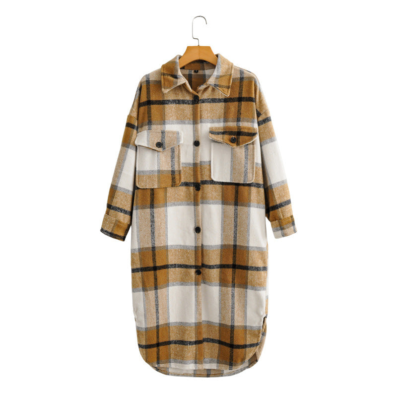 Lapel Button-Breasted Plaid Trench Coat