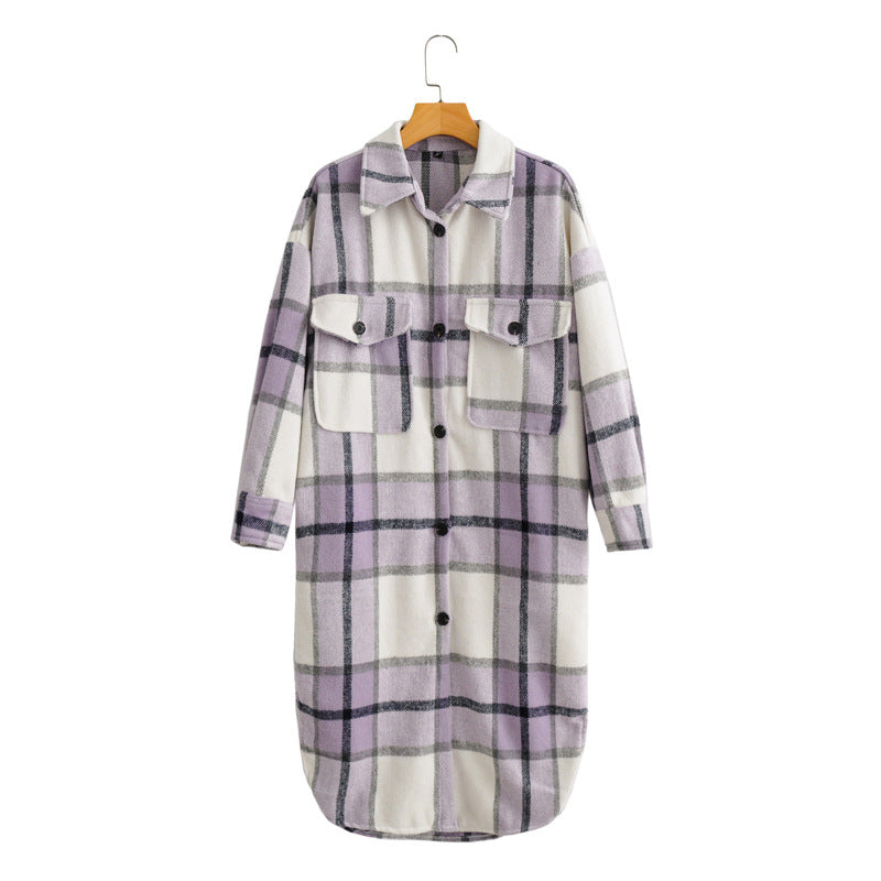 Lapel Button-Breasted Plaid Trench Coat