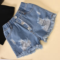 Thumbnail for Striped Top Ripped Denim Shorts Kids Suit-Cotton Dot Mesh Sleeves