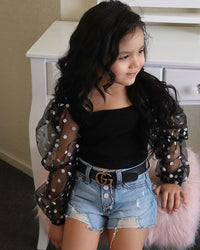 Thumbnail for Striped Top Ripped Denim Shorts Kids Suit-Cotton Dot Mesh Sleeves