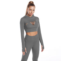 Thumbnail for 3pcs Sports Suits Long Sleeve Hooded Top Hollow Design Camisole And Butt Lifting High Waist Seamless Fitness Leggings Sports Gym Outfits Clothing see