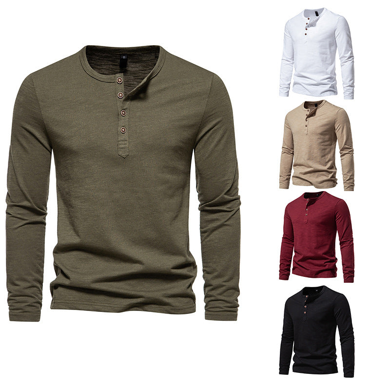 Winter New Long Sleeve T-shirt Men's Bamboo Cotton Solid Color Four Button Henry Collar Long Sleeve T-shirt Men