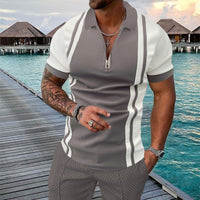 Thumbnail for Men's Summer Fashion 3D Printed Short Sleeve Geometric Zip Lapel Shirt Set