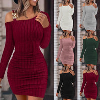 Thumbnail for Solid Color Metal Buckle Shoulder Collar Skinny Sheath Sexy Long Sleeve Dress Women