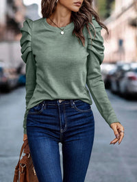 Thumbnail for High Elastic Cashmere Round Neck Slim Bubble Long Sleeve Top
