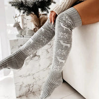 Thumbnail for Winter Christmas Warm Knitted Women Stocking Beautiful Elk Snowflake Jacquard Over-the-knee Casual Long Socks For Ladies Gifts Free Size