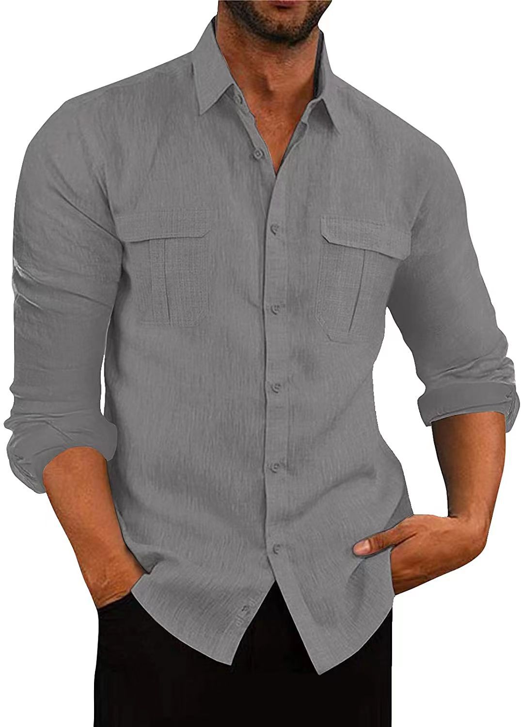 European And American Men's Shirt Double Pocket Cotton Linen