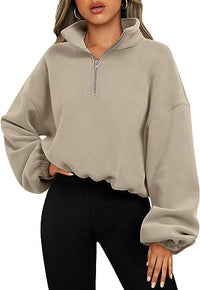 Thumbnail for Loose Sport Pullover Hoodie Women - Winter Solid Color Zipper Stand Collar Sweatshirt