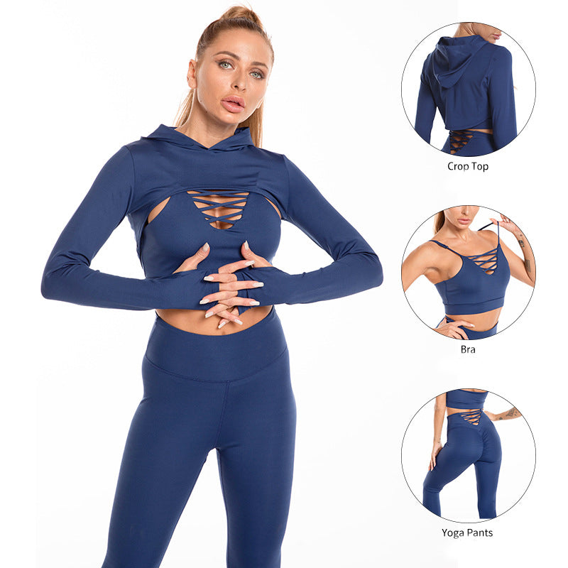 3pcs Sports Suits Long Sleeve Hooded Top Hollow Design Camisole And Butt Lifting High Waist Seamless Fitness Leggings Sports Gym Outfits Clothing see