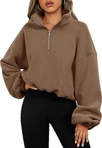 Thumbnail for Loose Sport Pullover Hoodie Women - Winter Solid Color Zipper Stand Collar Sweatshirt