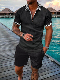 Thumbnail for Men's Summer Fashion 3D Printed Short Sleeve Geometric Zip Lapel Shirt Set