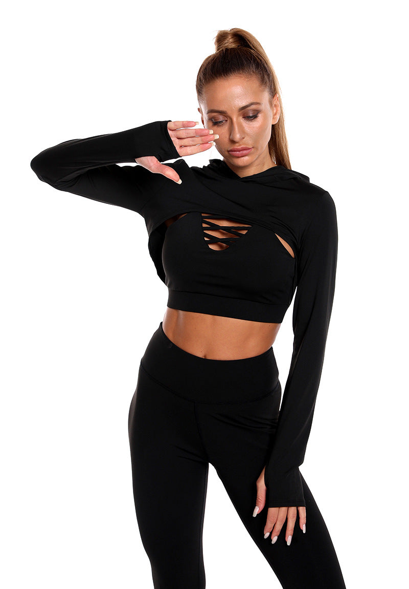 3pcs Sports Suits Long Sleeve Hooded Top Hollow Design Camisole And Butt Lifting High Waist Seamless Fitness Leggings Sports Gym Outfits Clothing see