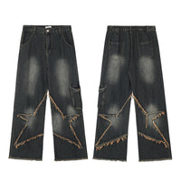 Thumbnail for American Retro High Street Personality Frayed Five-pointed Star Washed Jeans