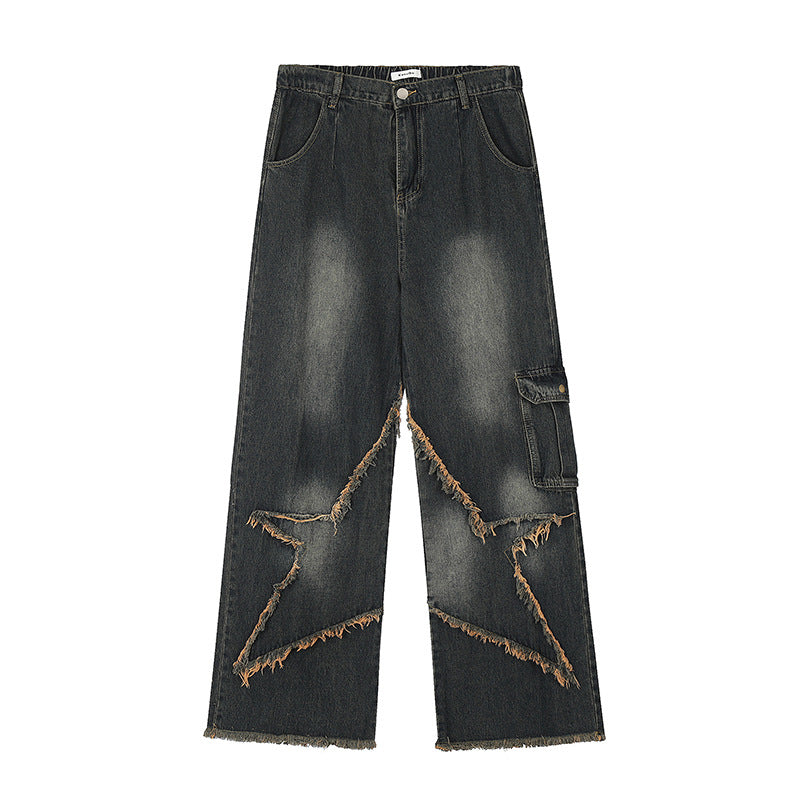 American Retro High Street Personality Frayed Five-pointed Star Washed Jeans