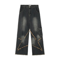 Thumbnail for American Retro High Street Personality Frayed Five-pointed Star Washed Jeans