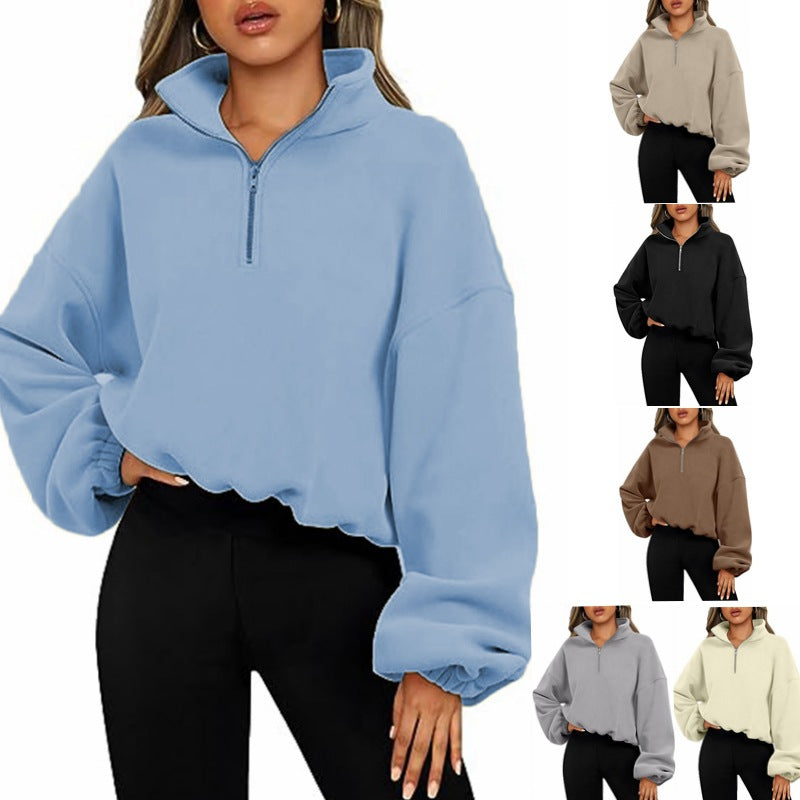 Loose Sport Pullover Hoodie Women - Winter Solid Color Zipper Stand Collar Sweatshirt