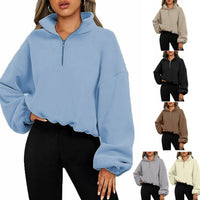 Thumbnail for Loose Sport Pullover Hoodie Women - Winter Solid Color Zipper Stand Collar Sweatshirt