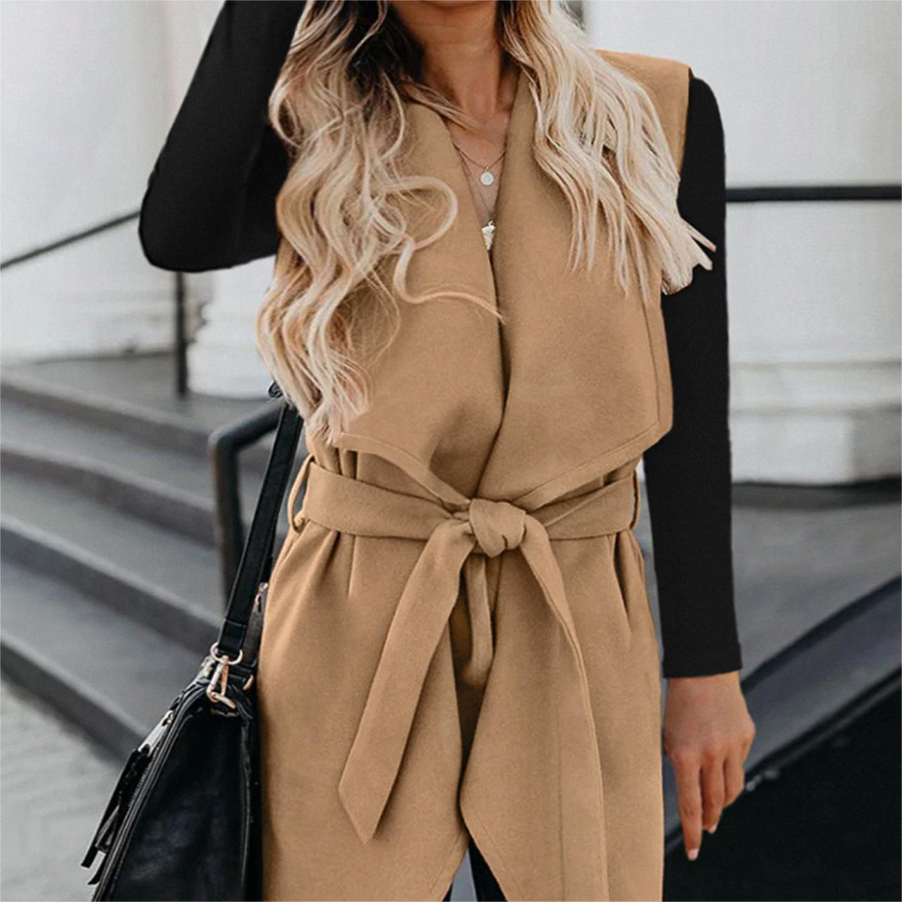 Solid Color Sleeveless Wool Coat