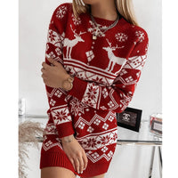 Thumbnail for Elk Snowflake Christmas Jacquard Knitted Dress Long Knitted Sweaters