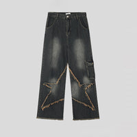 Thumbnail for American Retro High Street Personality Frayed Five-pointed Star Washed Jeans