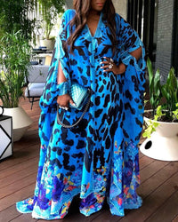 Thumbnail for Large Size Women's Printed Loose High Waist Temperament Commuter Blue Maxi Dress