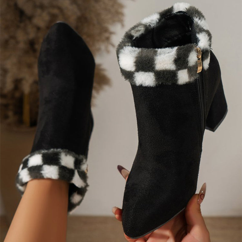 New Plaid Print Plush Ankle Boots