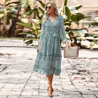 Thumbnail for Temperament Elegant V-neck 34 Sleeve Tie-shoulder Floral Dress