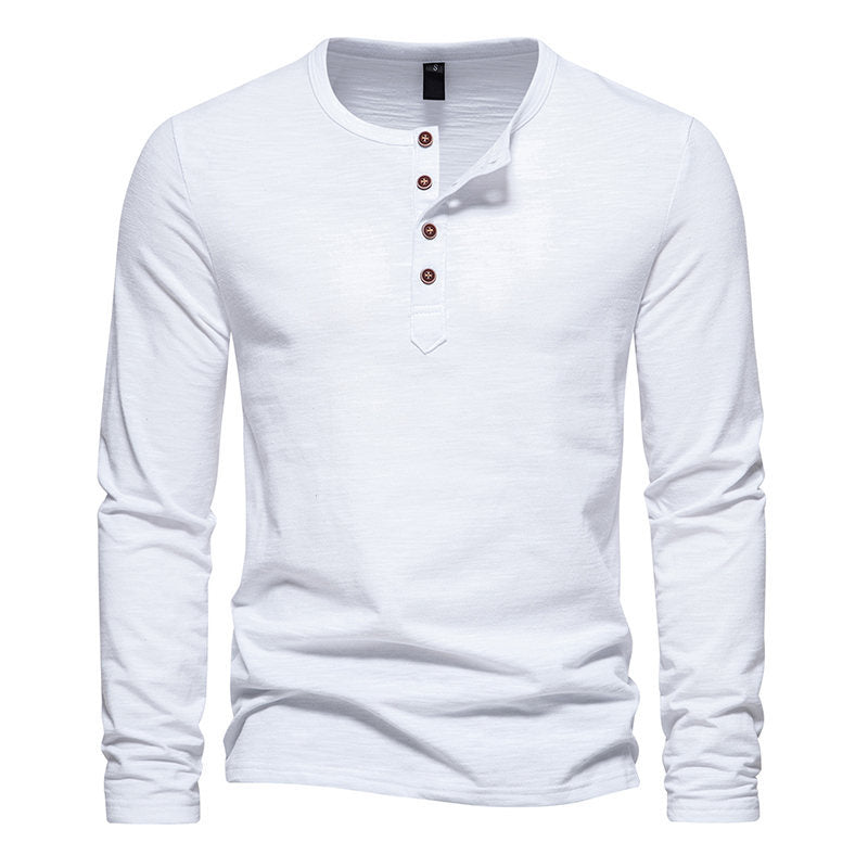 Winter New Long Sleeve T-shirt Men's Bamboo Cotton Solid Color Four Button Henry Collar Long Sleeve T-shirt Men