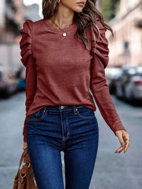 Thumbnail for High Elastic Cashmere Round Neck Slim Bubble Long Sleeve Top
