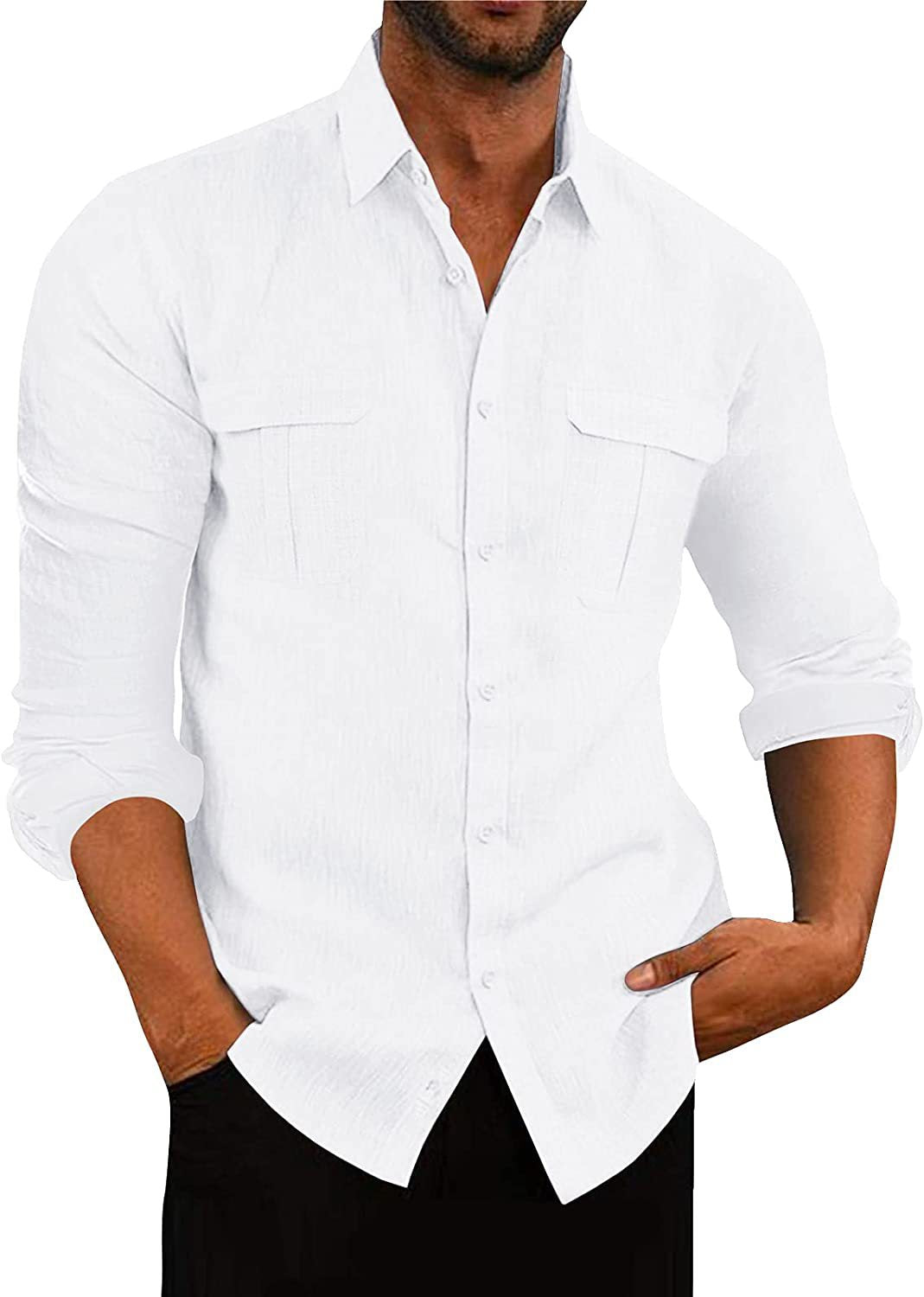 European And American Men's Shirt Double Pocket Cotton Linen