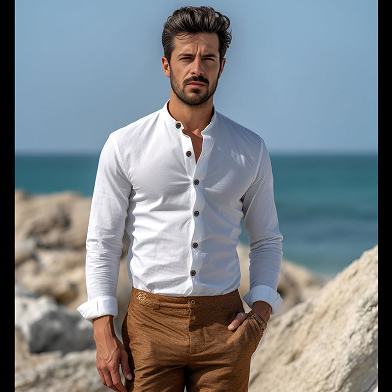 Men's Vintage Cotton And Linen Collar Shirt