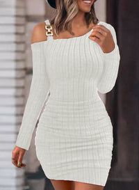 Thumbnail for Solid Color Metal Buckle Shoulder Collar Skinny Sheath Sexy Long Sleeve Dress Women