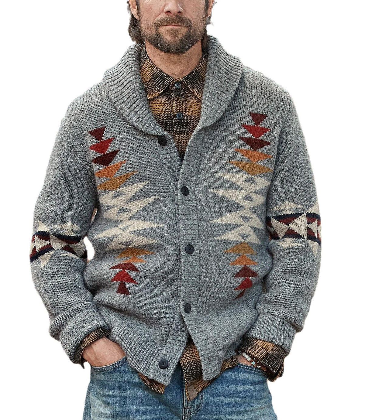 Men's Sweaters Jacquard Lapel Long Sleeve Sweater Coat