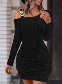 Thumbnail for Solid Color Metal Buckle Shoulder Collar Skinny Sheath Sexy Long Sleeve Dress Women