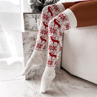 Thumbnail for Winter Christmas Warm Knitted Women Stocking Beautiful Elk Snowflake Jacquard Over-the-knee Casual Long Socks For Ladies Gifts Free Size