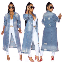 Thumbnail for Lapel Style Women's Washed Loose Hole Top Denim Jacket