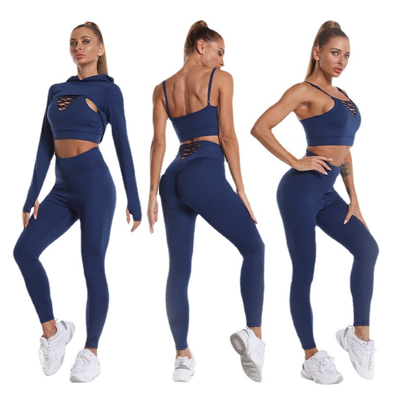 3pcs Sports Suits Long Sleeve Hooded Top Hollow Design Camisole And Butt Lifting High Waist Seamless Fitness Leggings Sports Gym Outfits Clothing see