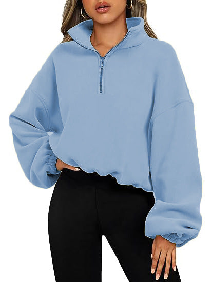 Loose Sport Pullover Hoodie Women - Winter Solid Color Zipper Stand Collar Sweatshirt