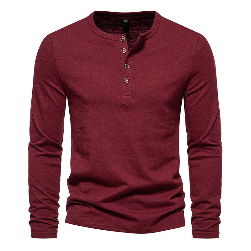 Winter New Long Sleeve T-shirt Men's Bamboo Cotton Solid Color Four Button Henry Collar Long Sleeve T-shirt Men