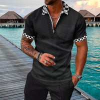 Thumbnail for Men's Summer Fashion 3D Printed Short Sleeve Geometric Zip Lapel Shirt Set