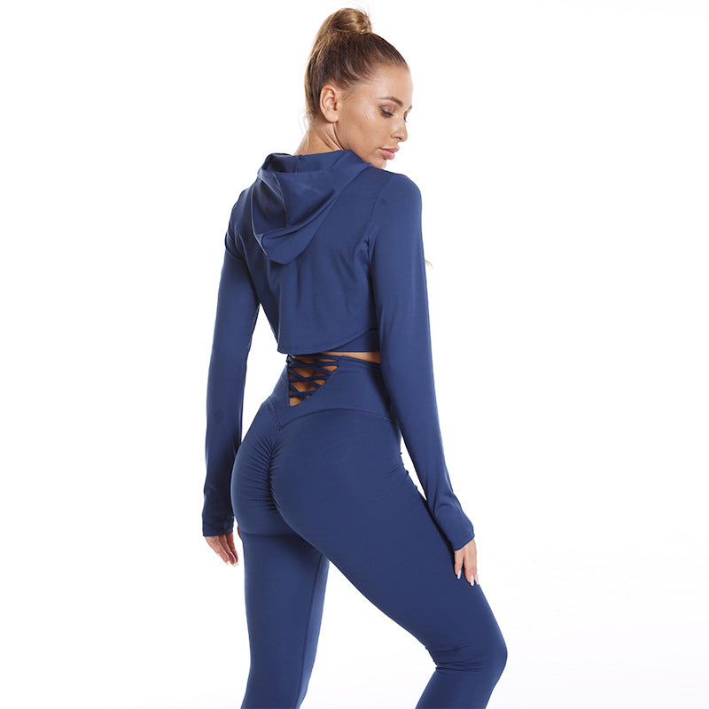 3pcs Sports Suits Long Sleeve Hooded Top Hollow Design Camisole And Butt Lifting High Waist Seamless Fitness Leggings Sports Gym Outfits Clothing see