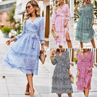 Thumbnail for Temperament Elegant V-neck 34 Sleeve Tie-shoulder Floral Dress