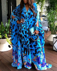 Thumbnail for Large Size Women's Printed Loose High Waist Temperament Commuter Blue Maxi Dress