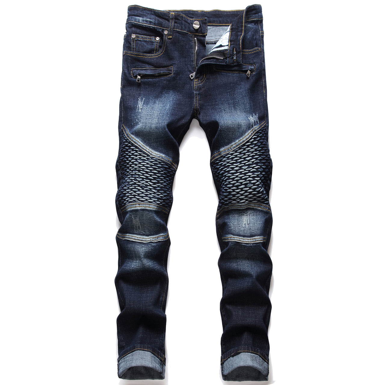 Men's Motorcycle Pleated Slim Stretch Jeans