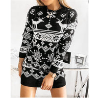 Thumbnail for Elk Snowflake Christmas Jacquard Knitted Dress Long Knitted Sweaters